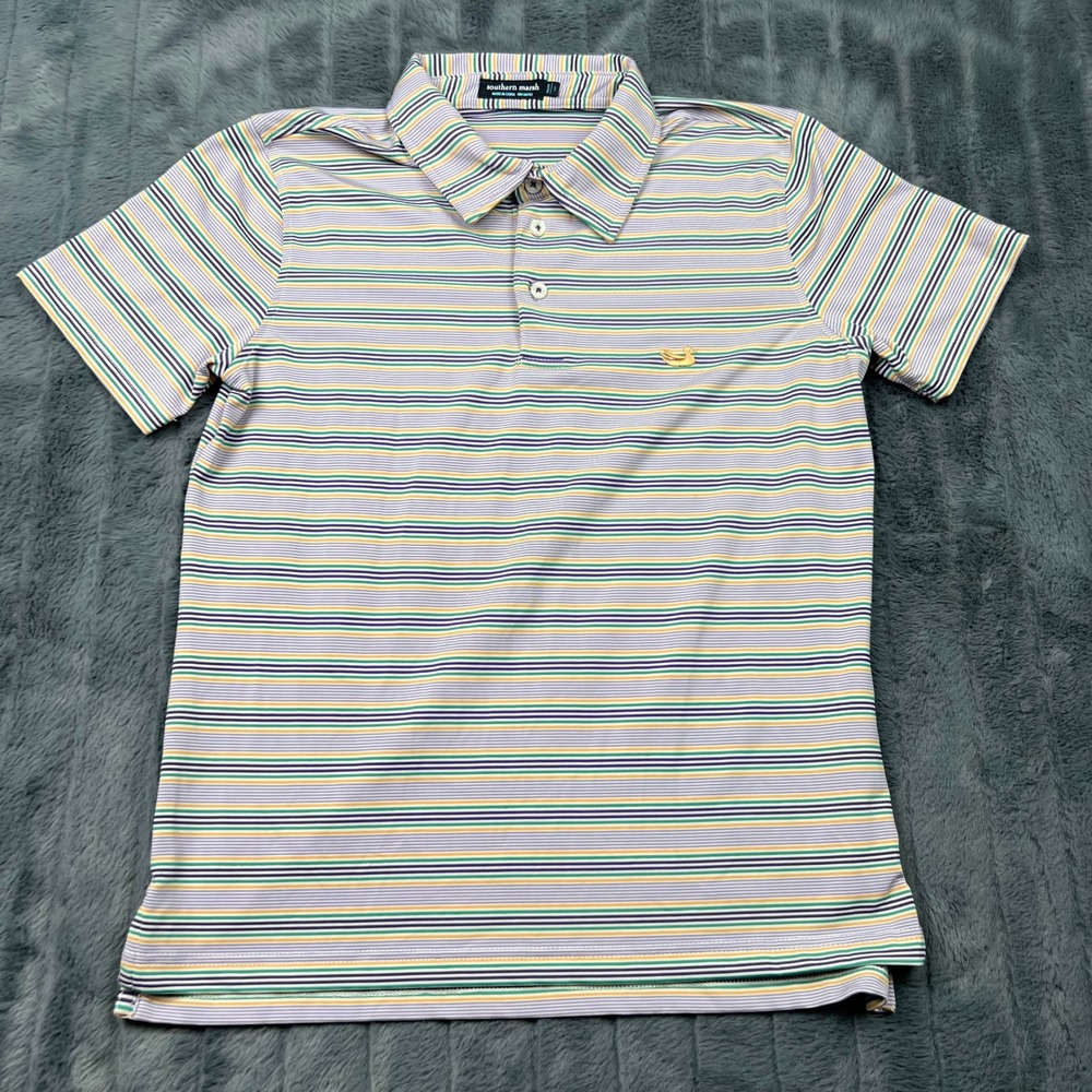 Southern Marsh Youth Large Striped Performance Polo Shirt Purple Green Yellow